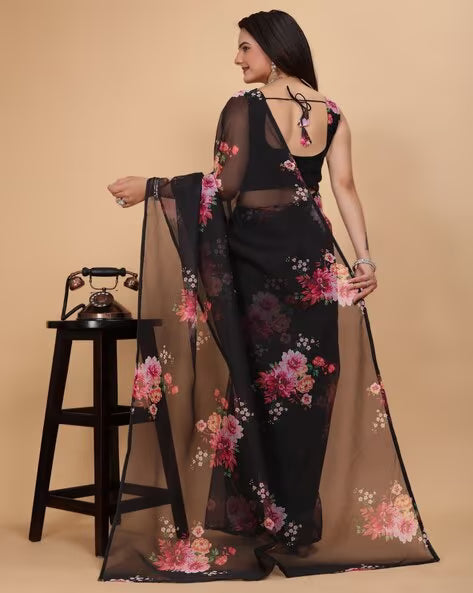 Women's Traditional Floral Printed Embroidery Saree with Blouse