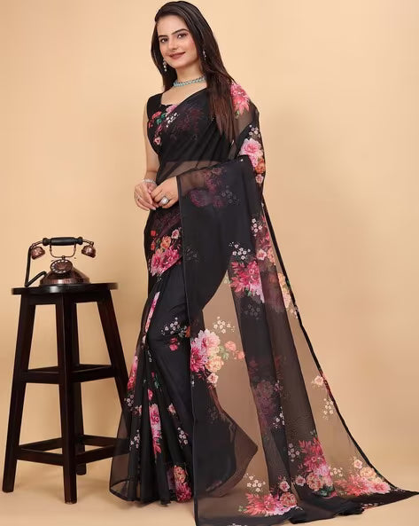Women's Traditional Floral Printed Embroidery Saree with Blouse