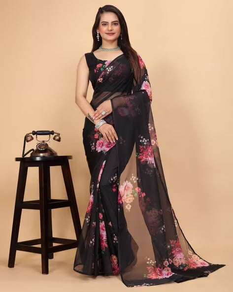 Women's Traditional Floral Printed Embroidery Saree with Blouse